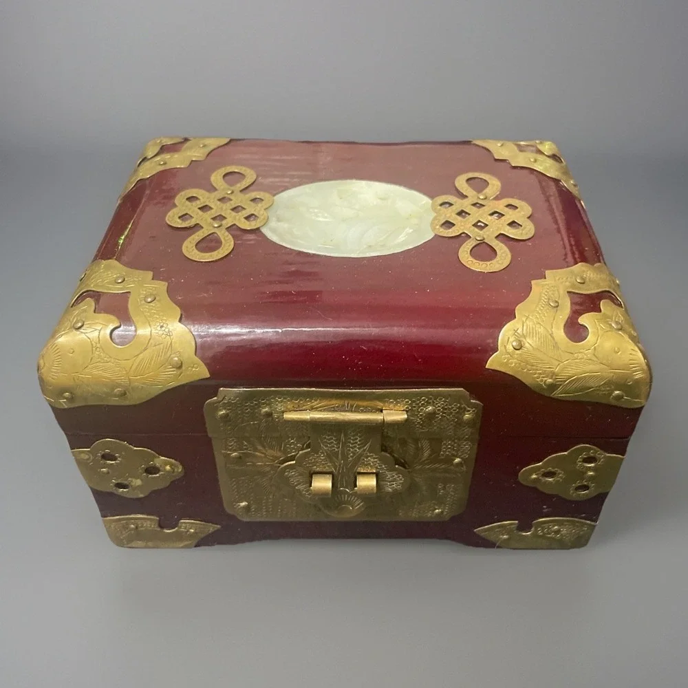 Vintage Asian Wooden Jewelry Box Ornate Brass Carved  Green  Jade Top Silk Lined